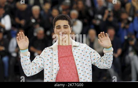 Belgian directors Jean-Pierre Dardenne (R) and Luc Dardenne (L) pose with Belgian actor Idir Ben Addi (2-L) and Victoria Bluck during the photocall for 'Le Jeune Ahmed' (Young Ahmed) at the 72nd annual Cannes Film Festival, in Cannes, France, 21 May 2019. The movie is presented in the Official Competition of the festival which runs from 14 to 25 May Stock Photo