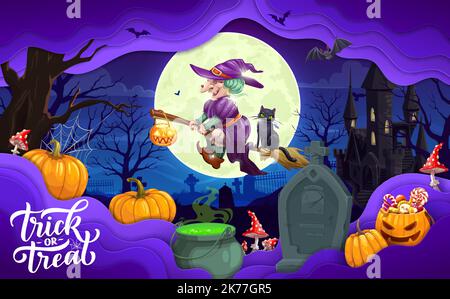 Halloween paper cut flying witch on cemetery landscape. Vector poster with 3d layered frame, . funny hag and black cat characters fly over old graveyard with castle, trees and tomb stones under moon Stock Vector