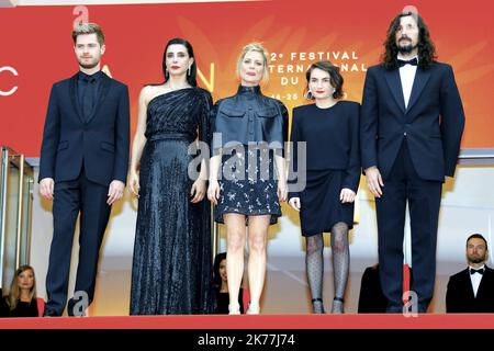 ©PHOTOPQR/NICE MATIN ; Belgian director and member of the Un Certain Regard Jury Lukas Dhont, German producer and member of the Un Certain Regard Jury Nurhan Sekerci-Pors, Lebanese director Nadine Labaki, French actress and member of the Un Certain Regard Jury Marina Fois and Argentinian director and member of the Un Certain Regard Jury Lisandro Alonso arrive for the screening of the film 'Sibyl' at the 72nd edition of the Cannes Film Festival in Cannes, southern France, on May 24, 2019.  ©P LAPOIRIE   72nd annual Cannes Film Festival in Cannes, France, May 2019. The film festival will run fro Stock Photo