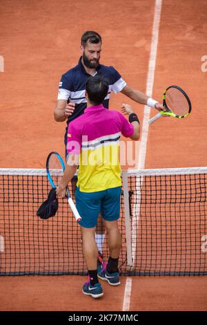 Benoit Paire (FRA) against Kei Nishikori (JAP) on court Suzanne Lenglen in the 1/8th of the French Open tennis tournament at Roland Garros in Paris, France, 3rd June 2019. Stock Photo