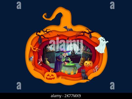 Halloween paper cut cartoon witch with magic potion pot in cave. Vector party poster, old hag cook in cauldron with green boiling goo inside of 3d jack lantern pumpkin frame with spooky ghost and cat Stock Vector