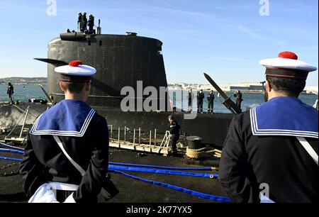 After 35 years of service, the Saphir nuclear attack submarine iis the first of six Rubis-class SNAs that will be retired from active service beginning in the end of July 2019.   Sapphire is the second of six French Rubis-class boats. Laid down in Cherbourg on September 1, 1979, she was christened Saphir (Sapphire) two years later, and Commander Roy took command of the first crew on June 26, 1982.  Stock Photo