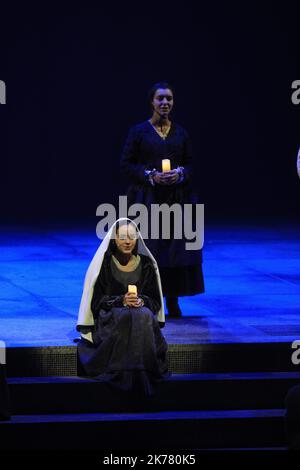 Lourdes, south western France, july 1st 2019 - Musical on Bernadette Soubirous. Saint Bernadette Soubirous (1844 – 1879), also known as Saint Bernadette of Lourdes, was the firstborn daughter of a miller from Lourdes, in the department of Hautes-Pyrénées in France, and is best known for experiencing Marian apparitions of a 'young lady' who asked for a chapel to be built at the nearby cave-grotto at Massabielle. These apparitions are said to have occurred between 11 February and 16 July 1858, and the lady who appeared to her identified herself as the Immaculate Conception. Stock Photo