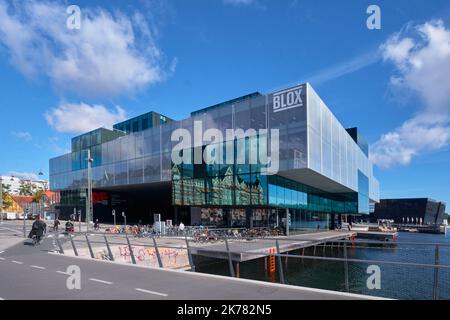 Copenhagen, Denmark - Sept 2022: The BLOX, a new prestige building design on Christians Brygge. House of Danish Architecture Center designed by OMA Stock Photo