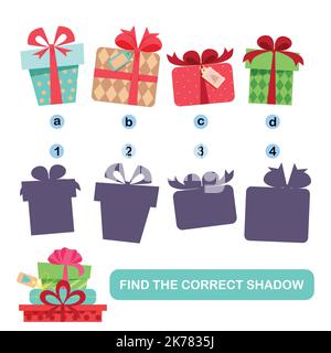 Educational game for kids. Match the gift box with the matching shadow Stock Vector