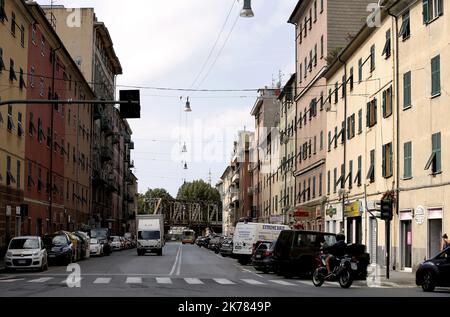 August 13, 2019 shows a general view of Genoa, on the eve of the Morandi Bridge collapse first anniversary. The Morandi bridge collapsed on August 14, 2018. The city of Genoa will commemorate one year later the tragedy.   Stock Photo