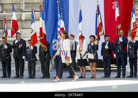 Paris' mayor Anne Hidalgo takes part in a ceremony marking the 75th anniversary of Paris' liberation during World War II, on August 20, 2019 at Paris' police heaquarters.  Stock Photo