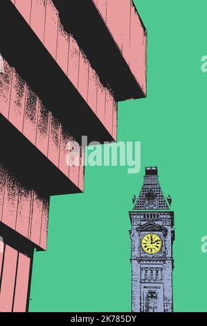 Birmingham city centre in bright vivid colours, a series of digital art works inspired by the colourful and diverse community that is Birmingham Stock Photo