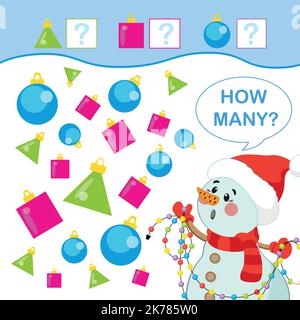 Math game for kids. how many christmas balls. snowman and Christmas balls. Stock Vector