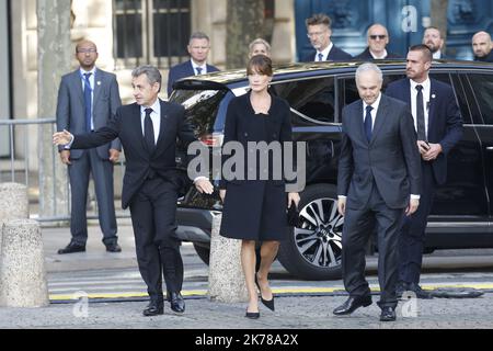 Sebastien Muylaert/MAXPPP - Former French President Nicolas Sarkozy and wife Carla Bruni Sarkozy attend former french President Jacques Chirac's funerals at Eglise Saint-Sulpice in Paris, France. World leaders have gathered in Paris to pay their final respects to the former French president Jacques Chirac who died on Thursday 26 September at the age of 86. 30.09.2019 Stock Photo