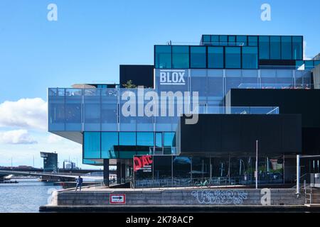 Copenhagen, Denmark - Sept 2022: The BLOX, a new prestige building design on Christians Brygge. House of Danish Architecture Center designed by OMA Stock Photo