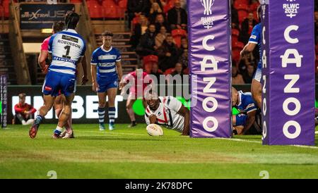 Doncaster, UK. 17th Oct, 2022. *** TRY France during the Rugby League World Cup 2022 match between France RL and Greece RL at the Eco-Power Stadium, Doncaster, England on 17 October 2022. Photo by Simon Hall. Editorial use only, license required for commercial use. No use in betting, games or a single club/league/player publications. Credit: UK Sports Pics Ltd/Alamy Live News Stock Photo