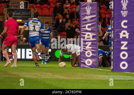 Doncaster, UK. 17th Oct, 2022. *** TRY France during the Rugby League World Cup 2022 match between France RL and Greece RL at the Eco-Power Stadium, Doncaster, England on 17 October 2022. Photo by Simon Hall. Editorial use only, license required for commercial use. No use in betting, games or a single club/league/player publications. Credit: UK Sports Pics Ltd/Alamy Live News Stock Photo