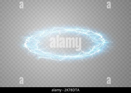 Ball lightning on a transparent dark blue background. Vector illustration, abstract electric lightning strike in the dark blue sky. Light flash Stock Vector