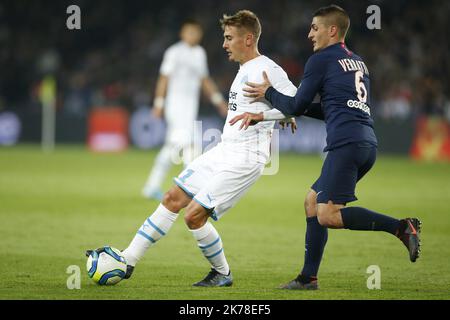 Valentin Rongier of Olympique de Marseille fights for the ball during the French Ligue 1 match between Paris Saint Germain ( PSG ) and Olympique de Marseille ( OM ) at Parc des Princes in Paris, France. 27.10.2019 Stock Photo