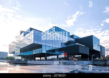Copenhagen, Denmark - Sept 2022: The BLOX, a new prestige building design on Christians Brygge. House of Danish Architecture Center designed by OMA Stock Photo