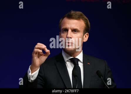 French President Emmanuel French President Emmanuel Macron delivers a speech during the Global forum on Artificial Intelligence (AI) for Humanity (GFAIH)  Stock Photo
