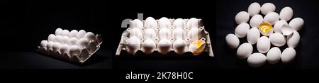 Set of White chicken eggs with one broken egg in cardboard box on black background Stock Photo