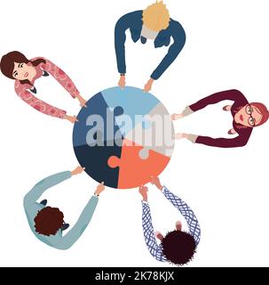 Group of business men and women top view holding and joining jigsaw puzzle pieces. Colleagues of diverse ethnic groups and cultures. Teamwork.Solution Stock Vector