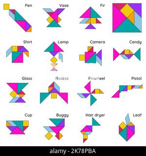 Tangram puzzle. Set of tangram objects. Jigsaw for kids. Vector