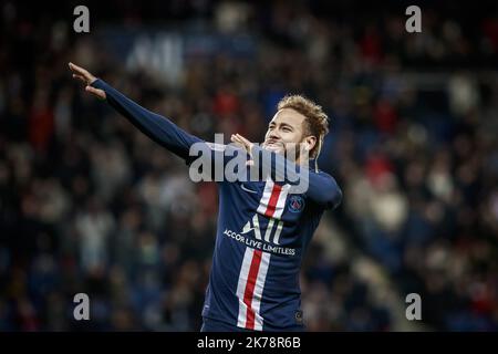 Paris Saint Germain's Neymar Jr celebrates his goal during the French Ligue 1 soccer match between PSG and Amiens at the Parc des Princes stadium in Paris, France, on December 21, 2019.  Stock Photo