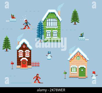 Christmas New Year embroidery with a cross seamless pattern. Houses, snowmen, winter fun Stock Vector