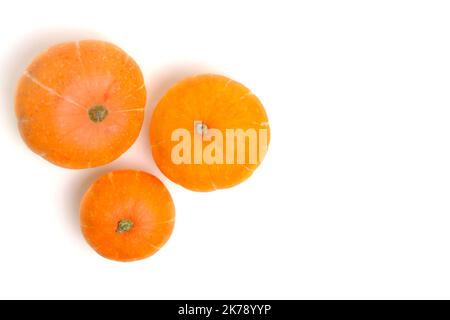 Three pumpkins white background, top view Stock Photo
