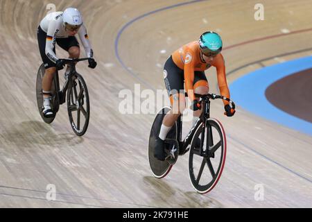 Emma Hinze of Germany and Laurine Van Riessen of Nederlandt 1/4 Finals Women's Sprint during the 2020 UCI Track Cycling World Championships Presented by Tissot on February 27, 2020 at the Velodrome in Berlin, Germany  Stock Photo