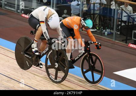 Emma Hinze of Germany and Laurine Van Riessen of Nederlandt 1/4 Finals Women's Sprint during the 2020 UCI Track Cycling World Championships Presented by Tissot on February 27, 2020 at the Velodrome in Berlin, Germany  Stock Photo