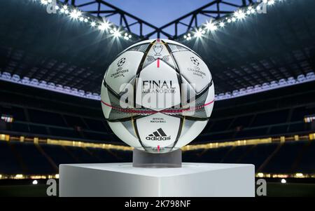 official Adidas match ball of the UEFA Champions League Final 2016 in the Giuseppe Meazza stadium in Milano, Italy Stock Photo