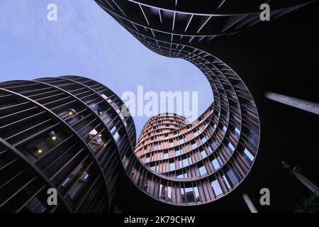 Copenhagen, Denmark - Sept 2022: Axel Towers comprising five round towers Modern Office Buildings  designed by Lundgaard & Tranberg Arkitekter Stock Photo