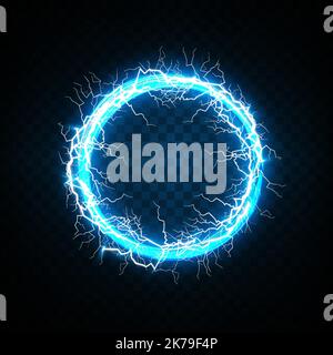 Ball lightning on a transparent dark blue background. Vector illustration, abstract electric lightning strike in the dark blue sky. Light flash Stock Vector