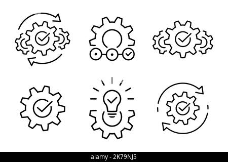 Effective solution icon set in flat. Successful idea symbols on white. Process or operations thin line icons in black. Cogs or gears with check. Vecto Stock Vector