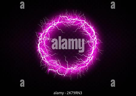 Ball lightning on a transparent background. Vector illustration, abstract electric lightning in purple. Light flash, thunder, spark. Stock Vector