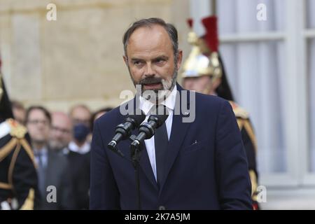 ©Sebastien Muylaert/MAXPPP - Former French Prime Minister Edouard Philippe gives a speech during the handover ceremony, at the Matignon Hotel in Paris. 03.07.2020 Stock Photo