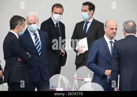 French Interior Minister Gerald Darmanin and French Junior Minister of Small and Medium Entreprises Alain Griset at Bastille Day Parade in Paris on July 14, 2020 Stock Photo