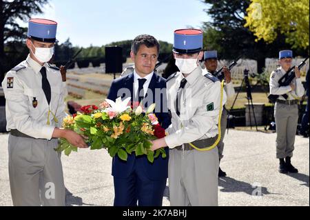 ©PHOTOPQR/L'EST REPUBLICAIN/Alexandre MARCHI ; VERDUN ; 29/07/2020 ; POLITIQUE - HOMMAGE AUX COMBATTANS MUSULMANS - CULTE MUSULMAN - FRANCAIS MORTS POUR LA FRANCE - PREMIERE GUERRE MONDIALE - GRANDE GUERRE - 14 - 18 - 1914 - 1918 - MINISTRE. Fleury-devant-Douaumont (Meuse) 29 juillet 2020. Déplacement de Gérald DARMANIN, ministre de l’Intérieur et des Cultes, à Douaumont pour rendre Hommage aux Combattants Musulmans morts pour la France lors de la Première guerre mondiale. PHOTO Alexandre MARCHI. - Verdun, France, july 29th 2020 - French tribute to muslims killed during the WWI  Stock Photo