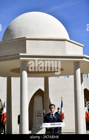 ©PHOTOPQR/L'EST REPUBLICAIN/Alexandre MARCHI ; VERDUN ; 29/07/2020 ; POLITIQUE - HOMMAGE AUX COMBATTANS MUSULMANS - CULTE MUSULMAN - FRANCAIS MORTS POUR LA FRANCE - PREMIERE GUERRE MONDIALE - GRANDE GUERRE - 14 - 18 - 1914 - 1918 - MINISTRE. Fleury-devant-Douaumont (Meuse) 29 juillet 2020. Discours de Gérald DARMANIN, ministre de l’Intérieur et des Cultes, à Douaumont pour rendre Hommage aux Combattants Musulmans morts pour la France lors de la Première guerre mondiale. PHOTO Alexandre MARCHI. - Verdun, France, july 29th 2020 - French tribute to muslims killed during the WWI  Stock Photo