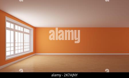 Frontal View of the Mockup Interior with Orange Plastered Walls, a Large Window on the Left, White Plinth and a Light Parquet Floor. Unfurnished room. Stock Photo