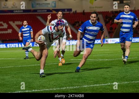 Doncaster, UK. 17th Oct, 2022. *** Try France during the Rugby League World Cup 2022 match between France RL and Greece RL at the Eco-Power Stadium, Doncaster, England on 17 October 2022. Photo by Simon Hall. Editorial use only, license required for commercial use. No use in betting, games or a single club/league/player publications. Credit: UK Sports Pics Ltd/Alamy Live News Stock Photo