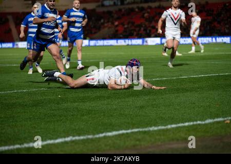 Doncaster, UK. 17th Oct, 2022. *** Try France during the Rugby League World Cup 2022 match between France RL and Greece RL at the Eco-Power Stadium, Doncaster, England on 17 October 2022. Photo by Simon Hall. Editorial use only, license required for commercial use. No use in betting, games or a single club/league/player publications. Credit: UK Sports Pics Ltd/Alamy Live News Stock Photo