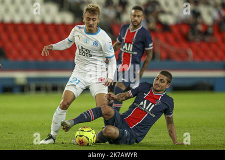 ©Sebastien Muylaert/MAXPPP - Valentin Rongier of Olympique de Marseille fights for the ball during the Ligue 1 match between Paris Saint-Germain and Olympique Marseille at Parc des Princes in Paris, France. 13.09.2020 Stock Photo