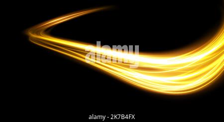 Abstract light lines of motion and speed in golden color. Light everyday glowing effect. semicircular wave, light trail curve swirl, car headlights Stock Vector