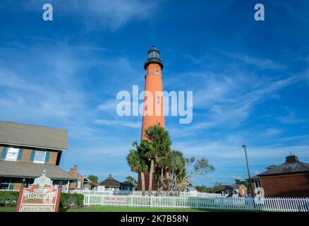 The Ponce de Leon Light in Ponce Inlet stands on a quiet afternoon. Stock Photo