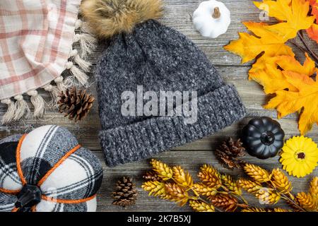 Fall autumn flatlay concept, with hat, maple leaves, dried flowers, plaid pumpkins and blanket, with pine cones on a wood background Stock Photo