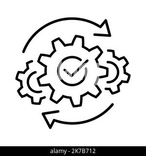Successful operations or project icon. Gears with check mark and arrows thin line symbol in black. Effective integration sign on white. Simple startup Stock Vector