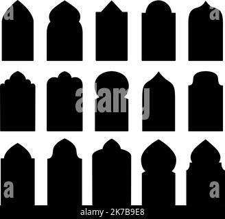 Set of silhouettes of arabic arch windows. Traditional design elements. Vector illustration Stock Vector
