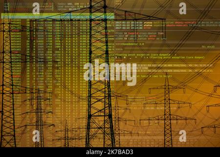 Symbolic image Critical infrastructure, blackout danger, cyberterrorism, extra-high voltage lines, 380 KV, power line, the power comes from the Rhenis Stock Photo