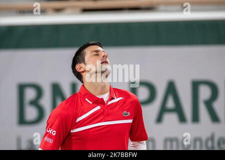 Aurelien Morissard / IP3; Novak DJOKOVIC of Serbia attitude against Rafael NADAL of Spain in the men’s final match during the French Open tennis tournament at Roland Garros in Paris, France, 11th October 2020. Stock Photo