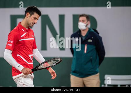 Aurelien Morissard / IP3; Novak DJOKOVIC of Serbia attitude against Rafael NADAL of Spain in the men’s final match during the French Open tennis tournament at Roland Garros in Paris, France, 11th October 2020. Stock Photo